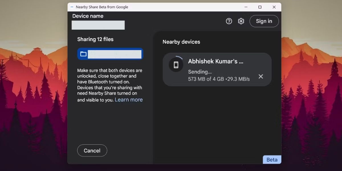 Tốc độ truyền file của ứng dụng Google Nearby Share trong Windows 11