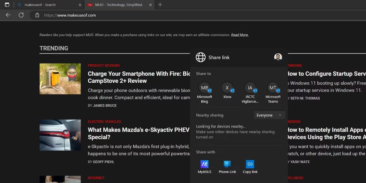 Chia sẻ liên kết trong trình duyệt Edge bằng Windows Nearby Sharing