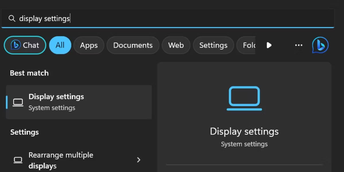 Mở Display Settings trên Windows Search