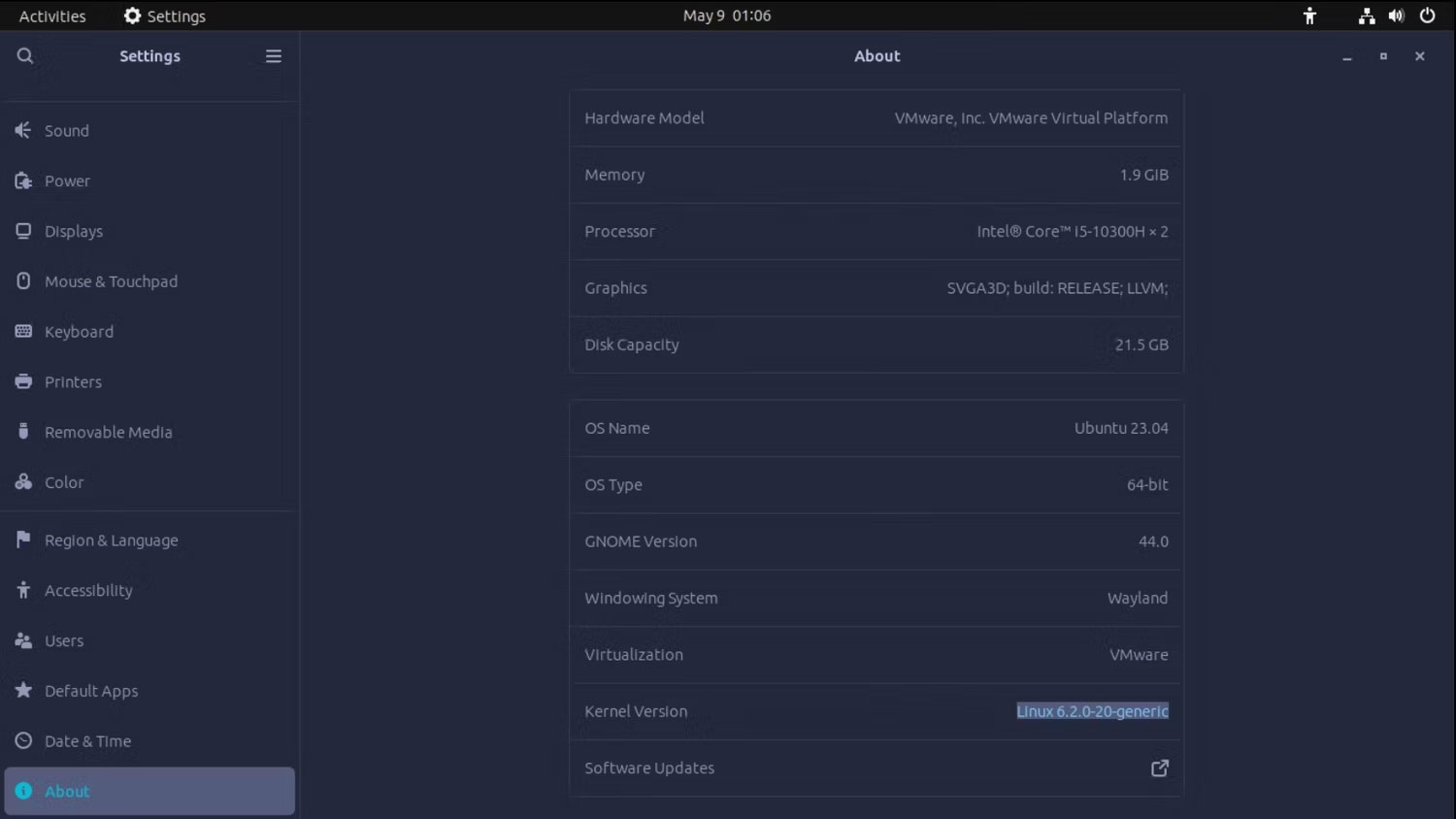 Phần About trong trang Settings