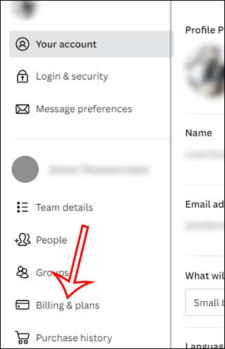 Chọn Billing and Plans Canva