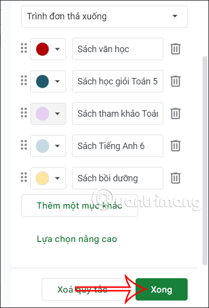 Thay đổi trình đơn thả xuống Google Sheets