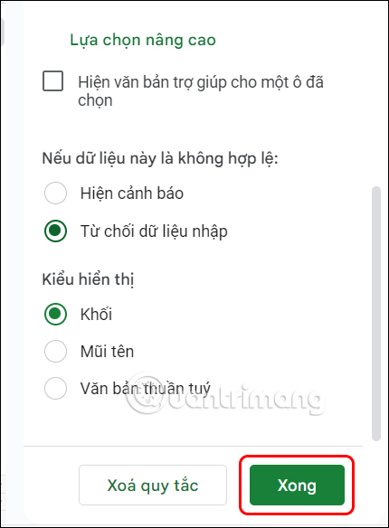 Thiết lập cho nội dung trong Google Sheets