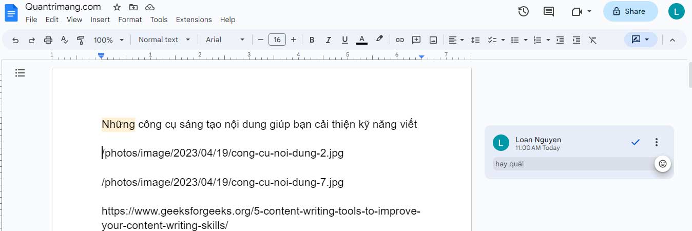 Icon bình luận bằng emoji trên Google Docs