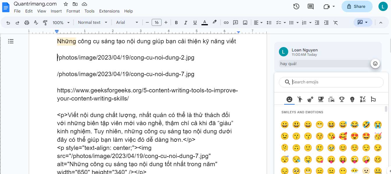 Các emoij có sẵn trong phần bình luận ở Google Docs