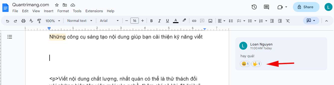 Số lượng phản hồi bằng emoji trong Google Docs