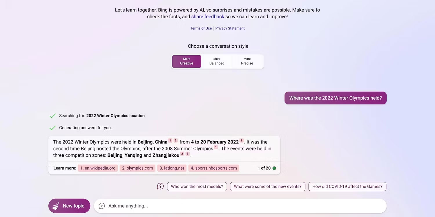Bing Chat trả lời câu hỏi về Thế vận hội mùa đông