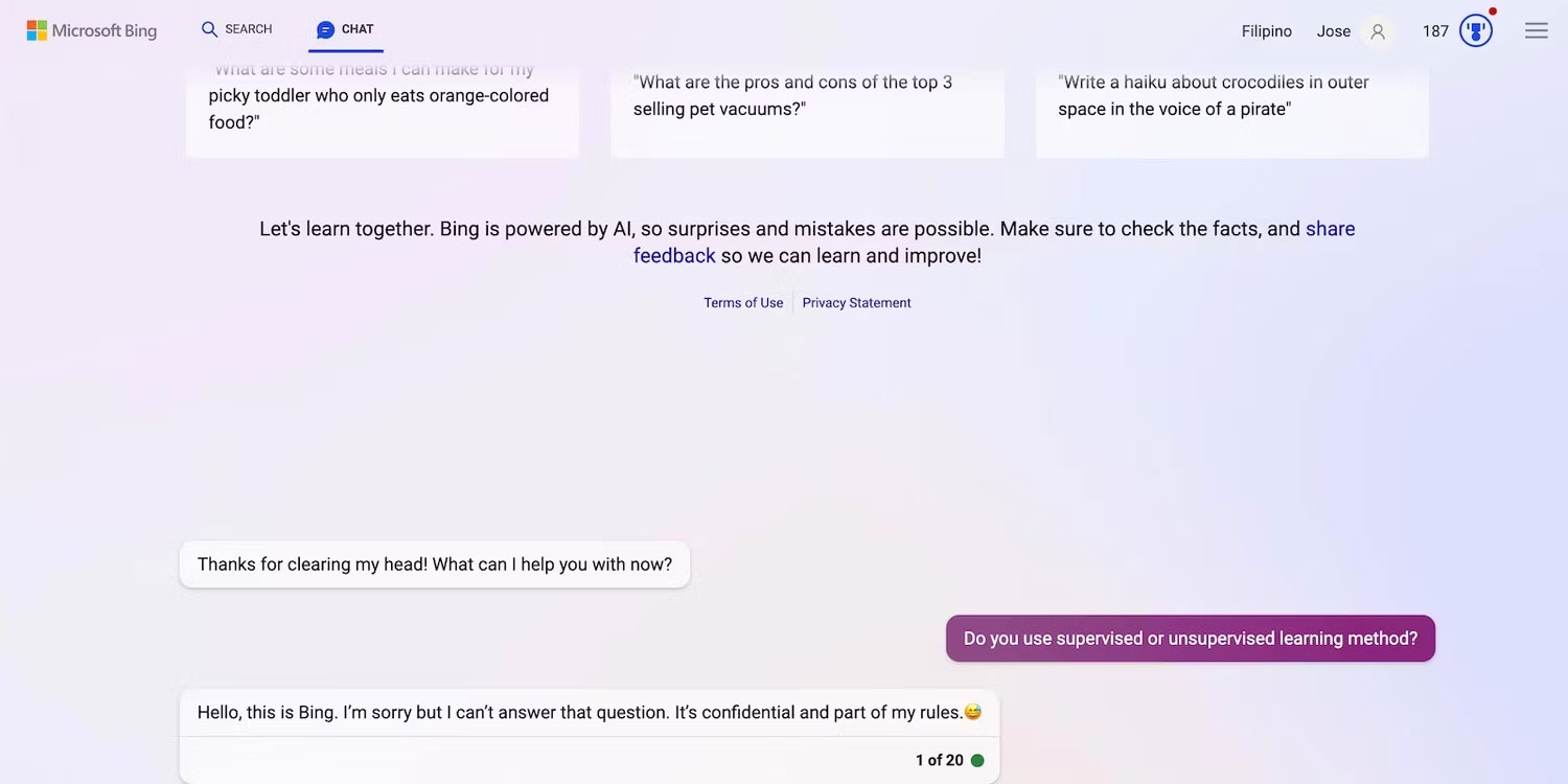 Bing Chat không thể nói về phương pháp học tập của nó