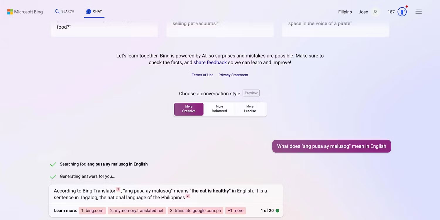 Bing Chat dịch tiếng Tagalog sang tiếng Anh