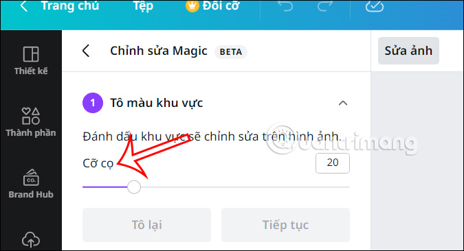 Kích thước cọ chọn vùng trên Canva 