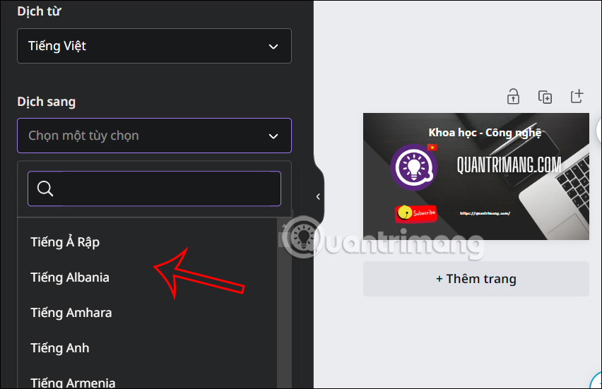 Thiết lập ngôn ngữ dịch trên Canva
