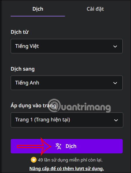 Dịch ngôn ngữ trên Canva