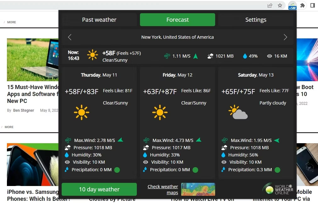 Kiểm tra thời tiết trên tiện ích mở rộng Chrome WorldWeatherOnline