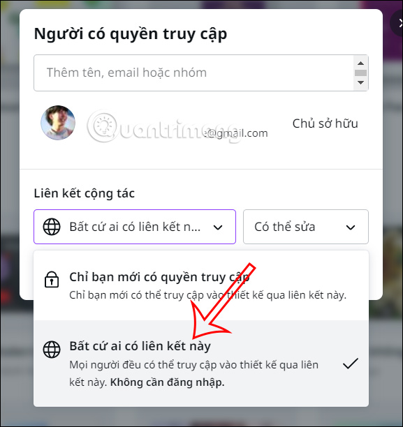 Bật liên kết chia sẻ Canva