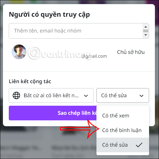 Chỉnh nhận link liên kết Canva