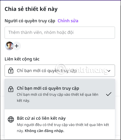 Chỉnh liên kết thiết kế chia sẻ Canva