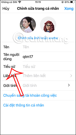 Điền thông tin tiểu sử Instagram