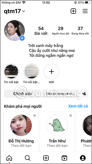 Căn giữa thông tin Instagram bio
