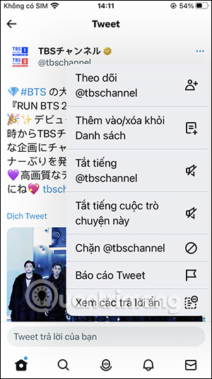 Menu tùy chọn bài đăng Twitter