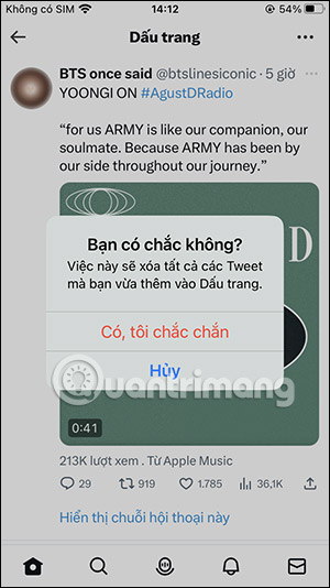 Xóa toàn bộ dấu trang Twitter