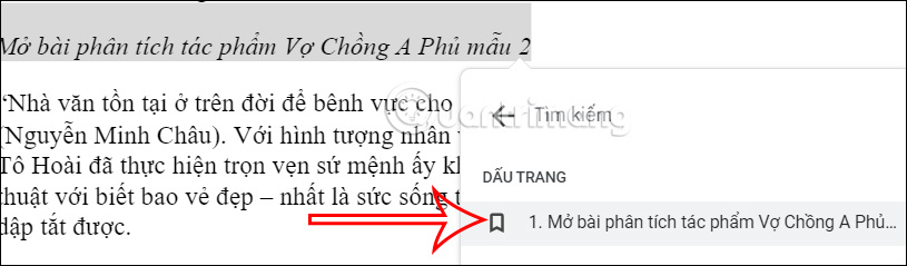 Chọn bookmark để liên kết trong Google Docs