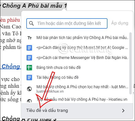 Chọn Tiêu đề và bookmark để liên kết trong Google Docs