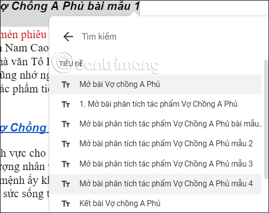 Chọn heading để liên kết trong Google Docs