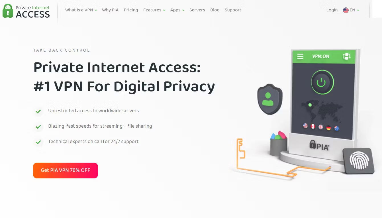 Trang web hiển thị giao diện của PIA trên máy tính bảng và các tính năng chính của VPN