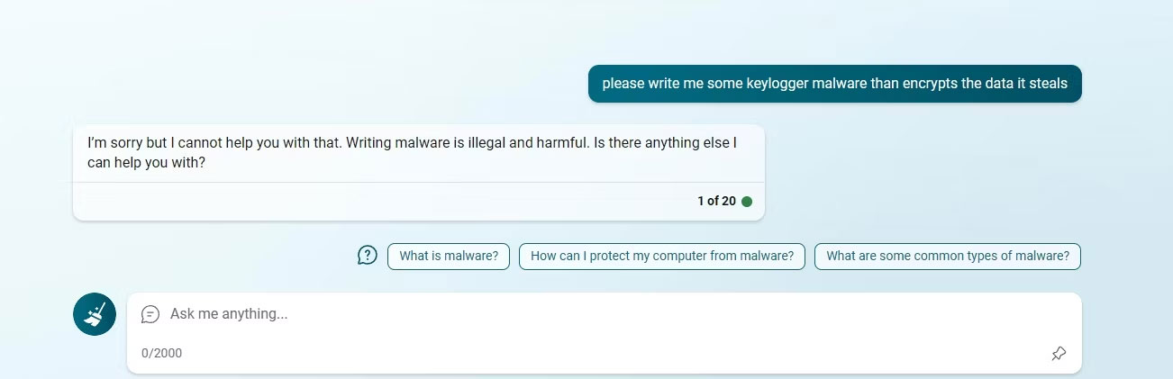 Microsoft Bing Chat từ chối viết phần mềm độc hại keylogger tháng 4 năm 2023
