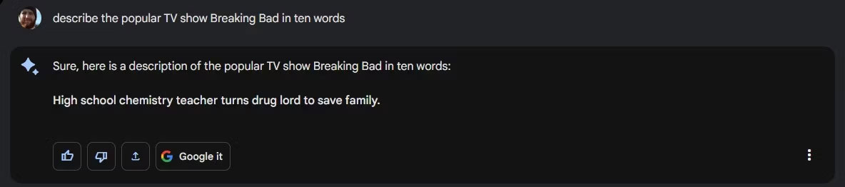 Google Bard mô tả chương trình truyền hình Breaking Bard trong 10 từ
