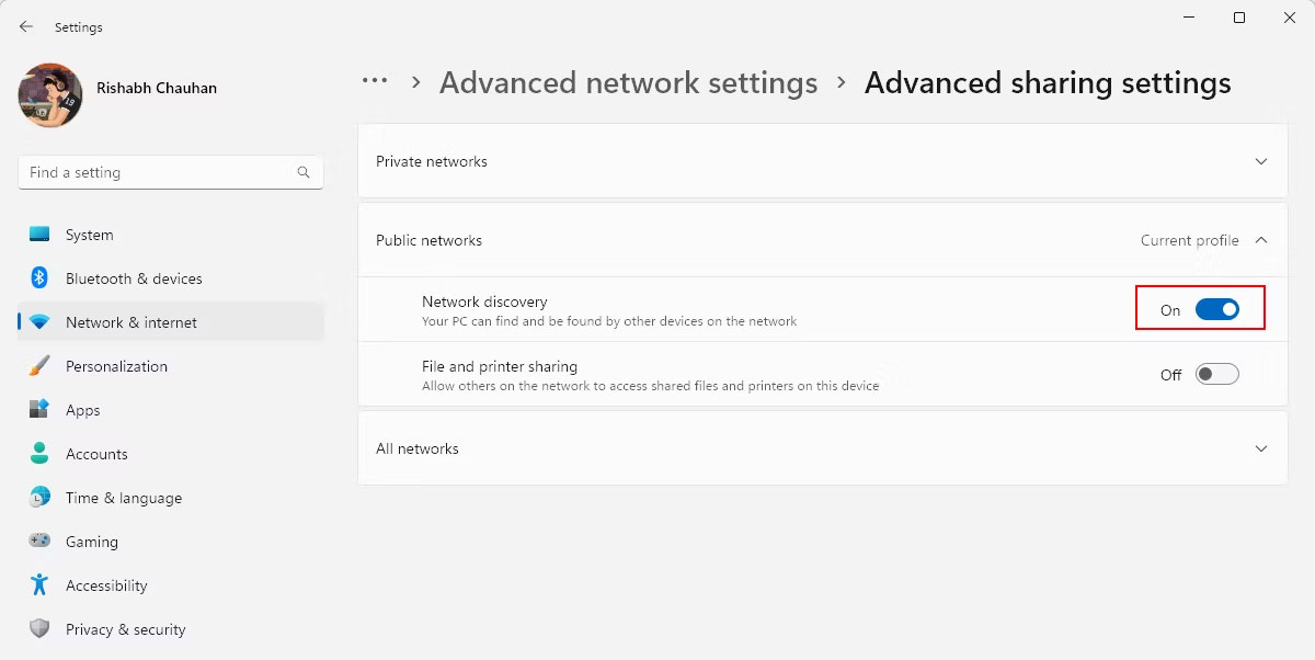 Cài đặt Advanced network sharing