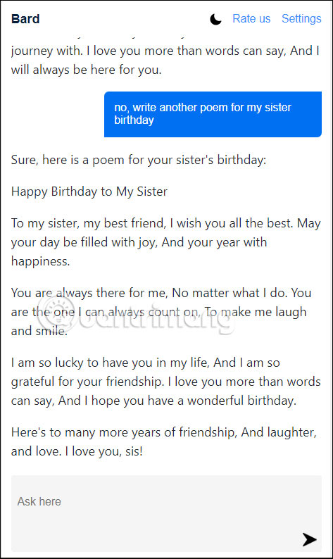 Chat trực tiếp với Google Bard