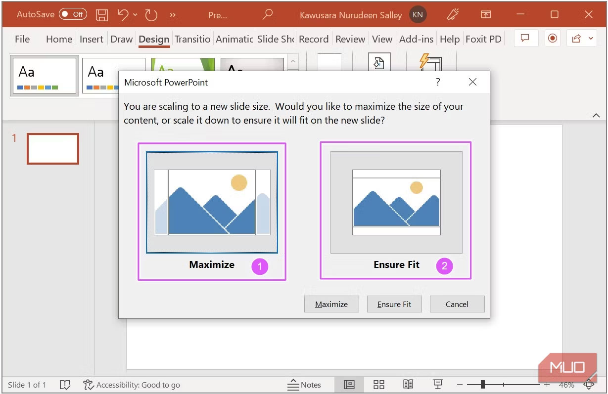 Chọn Maximize hoặc Ensure Fit trong PowerPoint