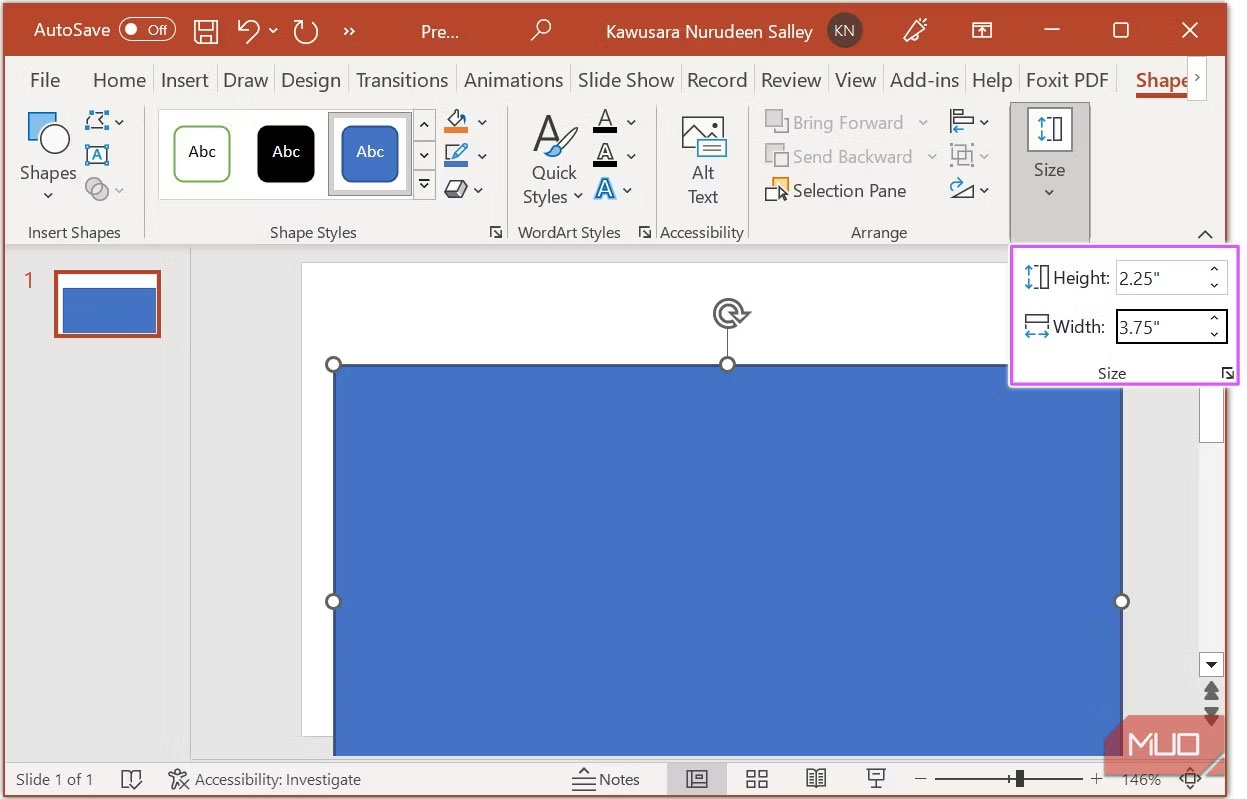 Đặt kích thước hình chữ nhật trong PowerPoint