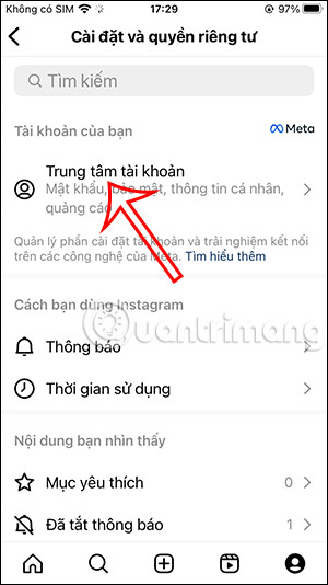 Trung tâm tài khoản Instagram
