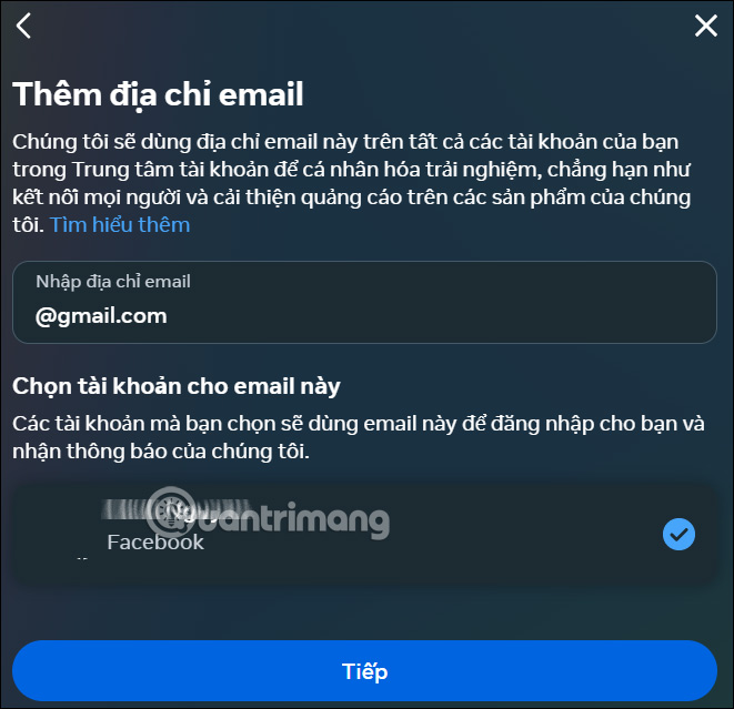 Nhập email cho Facebook 