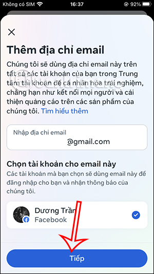 Nhập email mới cho Facebook