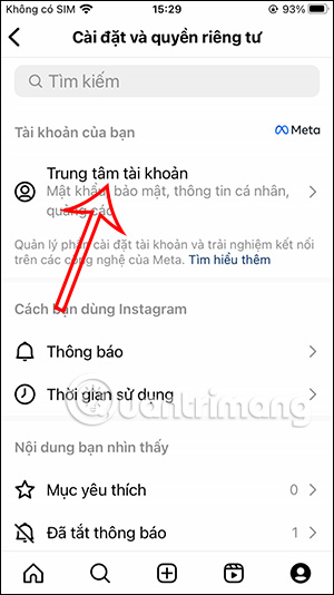 Trung tâm tài khoản cá nhân Instagram