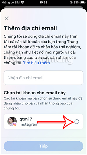 Nhập email mới cho Instagram