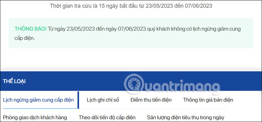 Thông báo không có lịch cắt điện