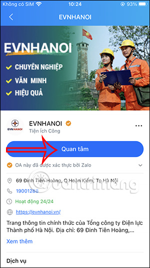Tài khoản Zalo OA EVN