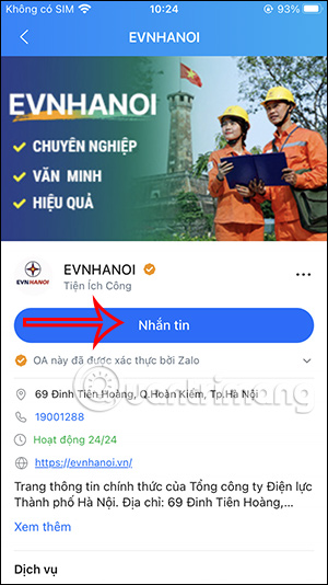Quan tâm tài khoản Zalo OA EVN