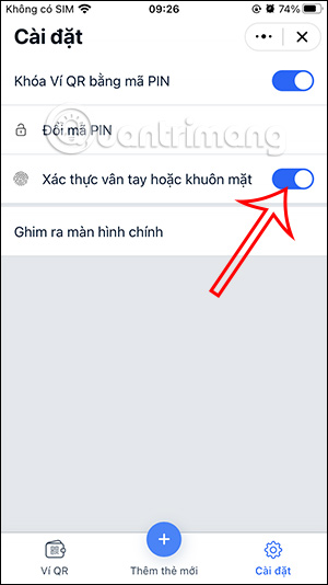 Bật khóa ví QR Zalo bằng dấu vân tay