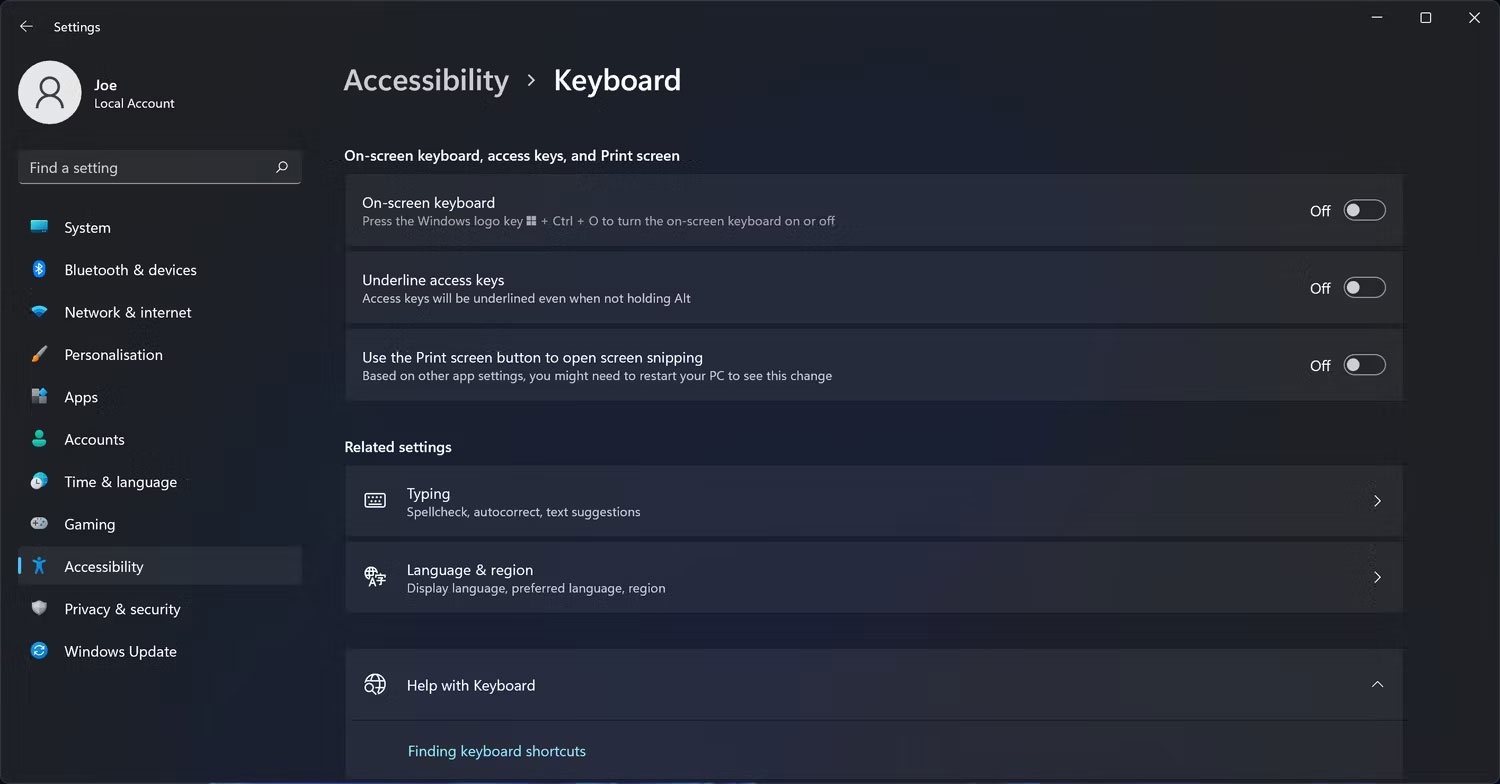 Cài đặt bàn phím trợ năng Windows 11