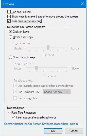 Menu tùy chọn bàn phím trên màn hình Windows 10