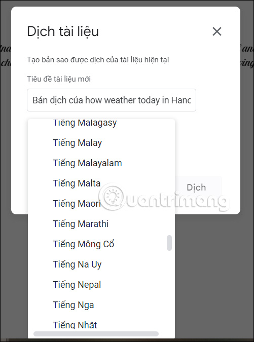 Chọn ngôn ngữ muốn dịch trên Google Docs