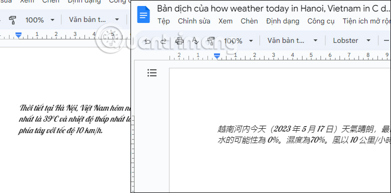 Hiển thị tài liệu đã dịch trên Google Docs
