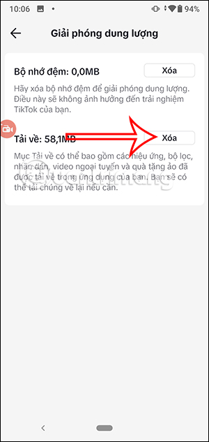Xóa dung lượng tải xuống trên TikTok