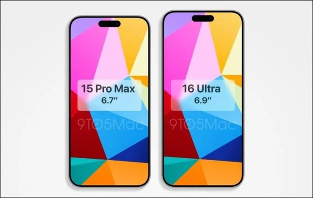 Bản vẽ kích thước iPhone 15 Pro Max (bên trái) so với iPhone 15 Pro Max. Ảnh: 9to5Mac.