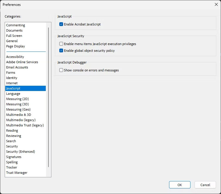 Điều chỉnh cài đặt JavaScript trong Adobe Acrobat Reader